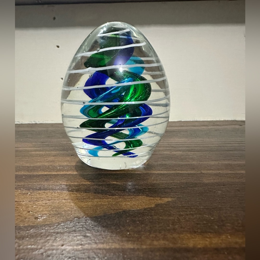 Blue and Green Spiral Striped Glass Art Paperweight